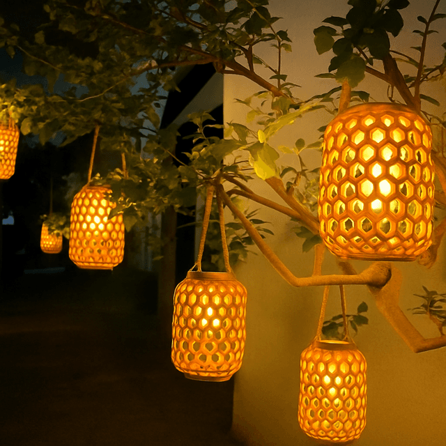 ガーデニング 太陽光発電式竹編み風吊り下げ提灯