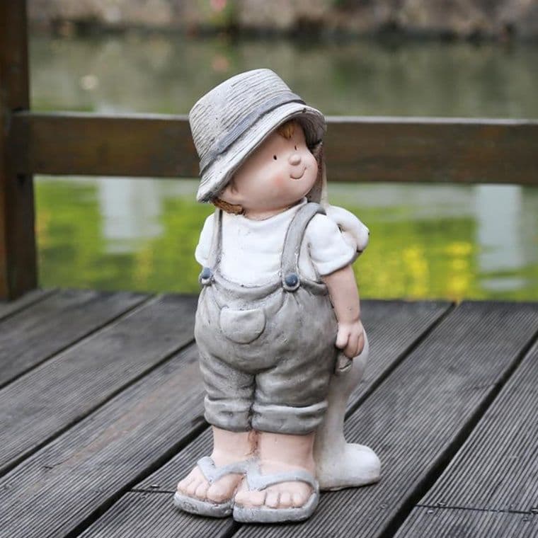 ガーデニング 帽子をかぶった男の子とうさぎの庭園人形オーナメント