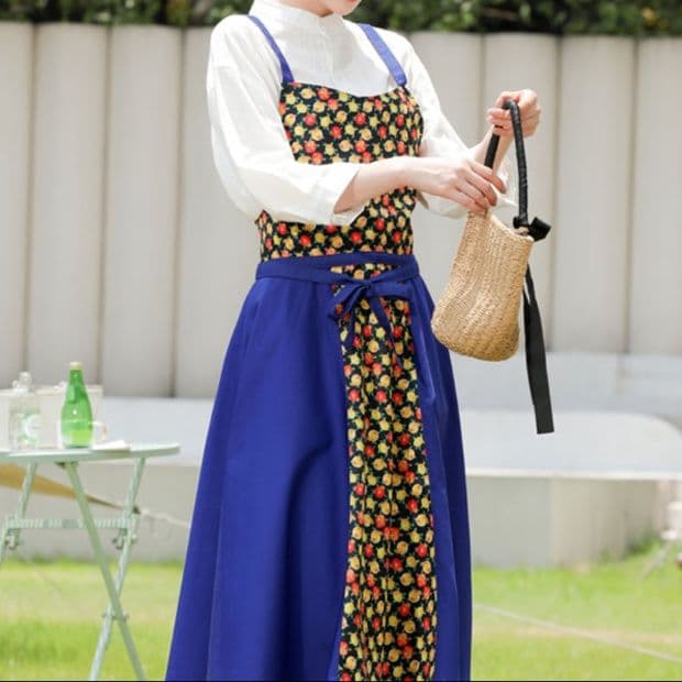ガーデニング 花柄プリント吊りひも式ロング丈園芸用エプロン
